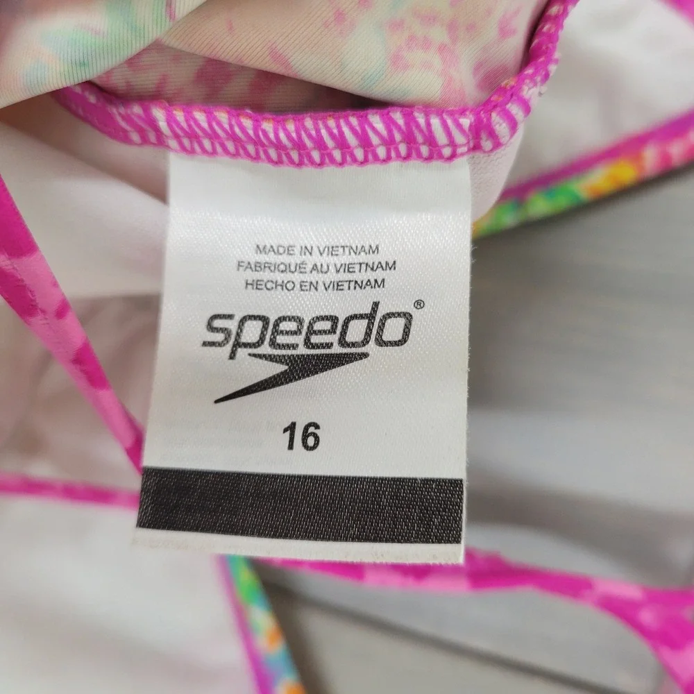 Speedo Tankini Swim Top Girls 16 Pink Orange Pineapple Tropical Cross Back